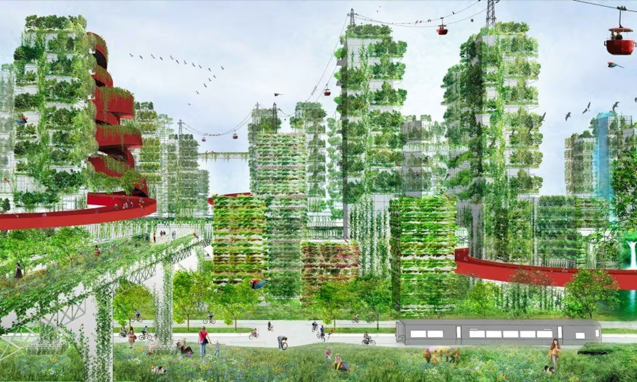 A vibrant, futuristic city with buildings covered in greenery and sustainable transport.